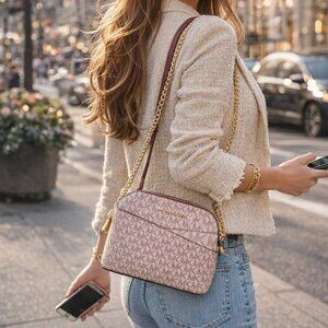 NWT Michael Kors Jet Set Travel Crossbody Cherry Multi MK Logo Gold Chain